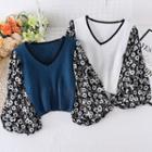 V-neck Floral Puff-sleeve Panel Knit Top