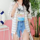 Long-sleeve Open-front Striped Cardigan