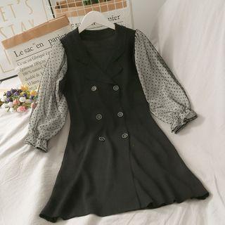 Dotted Mesh-sleeve Double-breasted Midi Dress Black - One Size