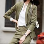 Striped Single-button Blazer / V-neck Blouse / Cropped Straight-fit Pants / Set