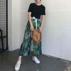 Tie-back Short-sleeve T-shirt / Leaf Print Wide Leg Pants
