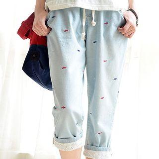Embroidered Cropped Drawstring Jeans
