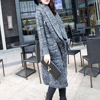 Plain Open Front Long Cardigan With Scarf