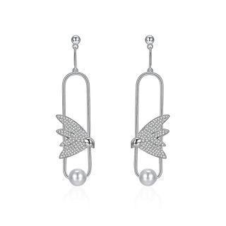 925 Sterling Silver Elegant Delicate Fashion Bird Little Swallow Pearl Earrings With Austrian Element Crystal Silver - One Size