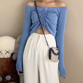 Drawstring Off-shoulder Long-sleeve Knit Top