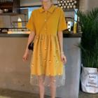 Short Sleeve Mesh Panel Pineapple Embroidered Polo Dress Yellow - One Size