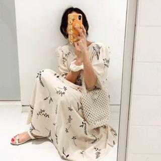 Puff-sleeve Printed Long Dress