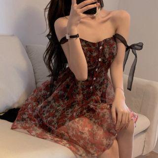 Tie-strap Floral Print Mini A-line Organza Dress Flowers - Red - One Size
