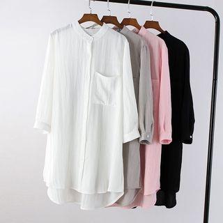 Band-collar 3/4-sleeve Long Linen Shirt