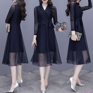 Long-sleeve Tie-front A-line Mesh Dress
