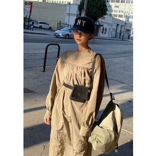 Mockneck Ruched Long Peasant Dress Khaki - One Size