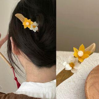 Floral Hair Stick 2851a - White & Yellow - One Size