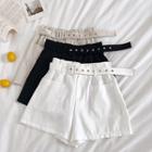 Plain Double-pocket High-waist Lace-up Shorts