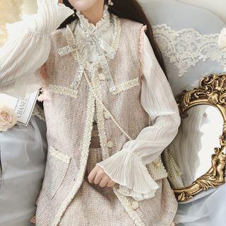 Set: Contrast Trim Tweed Buttoned Vest + Mini Skirt