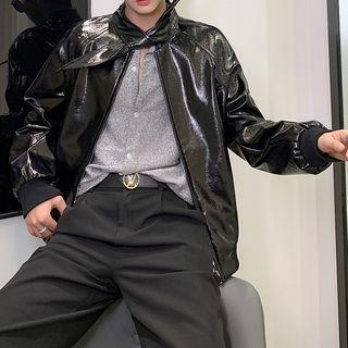 Tie-neck Faux Leather Patent Jacket