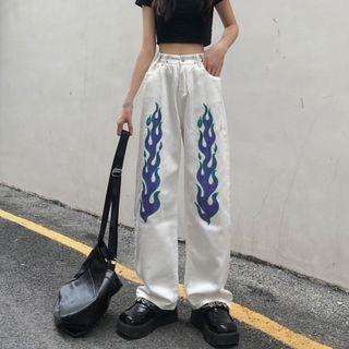 Flame Print Wide Leg Jeans