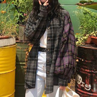 Plaid Panel Shirt Dark Gray & Purple - One Size
