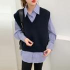 Set: Long-sleeve Striped Shirt + Knit Vest Vest - Black - One Size / Shirt - Stripe - Blue - One Size