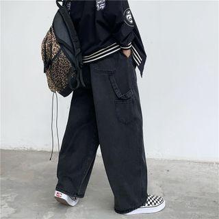 High Waist Washed Wide Leg Cargo Jeans