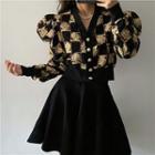 V-neck Embroider Plaid Oversize Cardigan / High-waist Plain A-line Mini Skirt