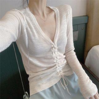 Long-sleeve Drawstring Knit Top White - One Size