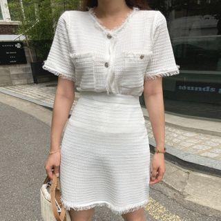 Set: Short-sleeve Fringe-trim Cardigan + Mini Skirt