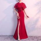 Lace Panel Short-sleeve Slit Evening Gown