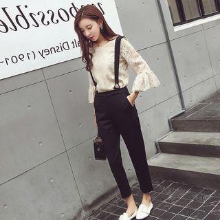 Set: Bell-sleeve Lace Top + Suspender Harem Pants