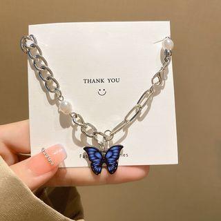 Butterfly Faux Pearl Necklace Silver - One Size