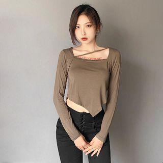 Long-sleeve Square-neck Irregular Crop Top