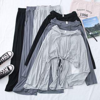 Set: Tie-hem Hooded Crop Top + High-waist Wide-leg Pants