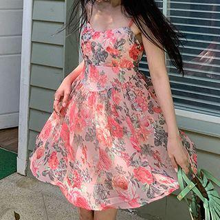 Spaghetti-strap / Short-sleeve Floral Mini A-line Dress