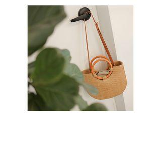 Wood-handle Woven Tote With Strap
