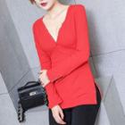Long-sleeve Buttoned V-neck Top