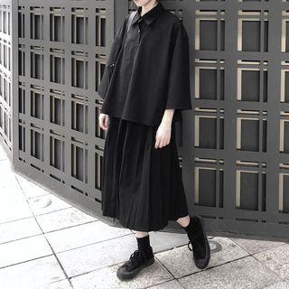 3/4-sleeve Placket Shirt / Pleated Midi Skirt