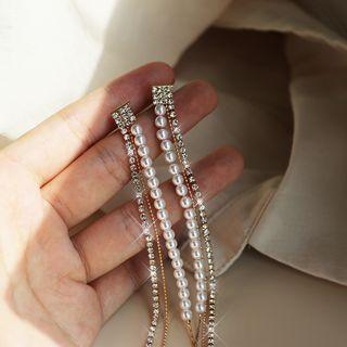 Faux Pearl Rhinestone Fringed Earring 1 Pair - S925 Silver Stud - Gold - One Size