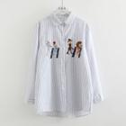 Cartoon Embroidered Striped Shirt White - One Size