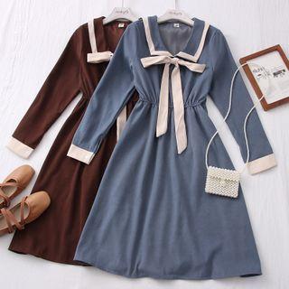 Ribbon-neckline Colorblock A-line Dress With 7 Colors