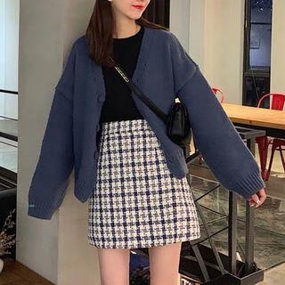 Set: Plain Cardigan + Plaid A-line Skirt