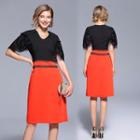 Elbow-sleeve V-neck Two-tone A-line Dress
