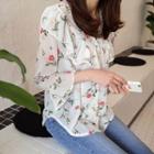 Collarless Frill-trim Floral Blouse