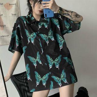 Butterfly Print Short-sleeve Shirt Black - One Size
