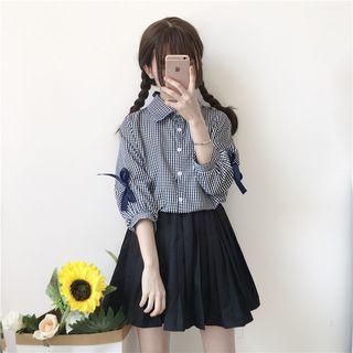 Plaid 3/4-sleeve Bow Shirt Stripes - One Size