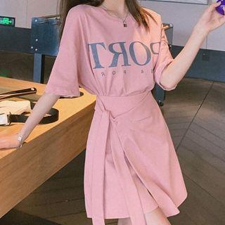 Set: Elbow-sleeve Lettering T-shirt Dress + Skirt