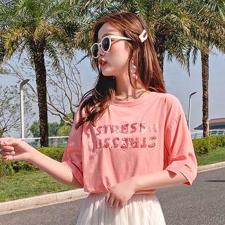 Lettering Cotton Short-sleeve T Shirt Pink - One Size