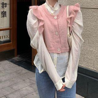 Lettuce Edge Knit Vest / Scoop-neck Blouse