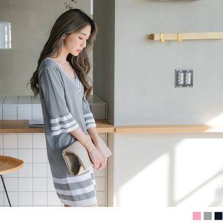 Elbow Sleeve V-neck Striped Tunic