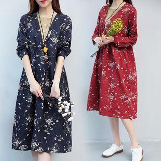 Mock Two-piece Long-sleeve Floral Print A-line Dress