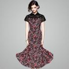 Lace Panel Short-sleeve Floral Print A-line Midi Dress