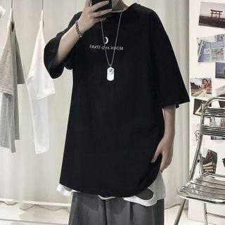 Crescent Print Lettering Elbow-sleeve T-shirt